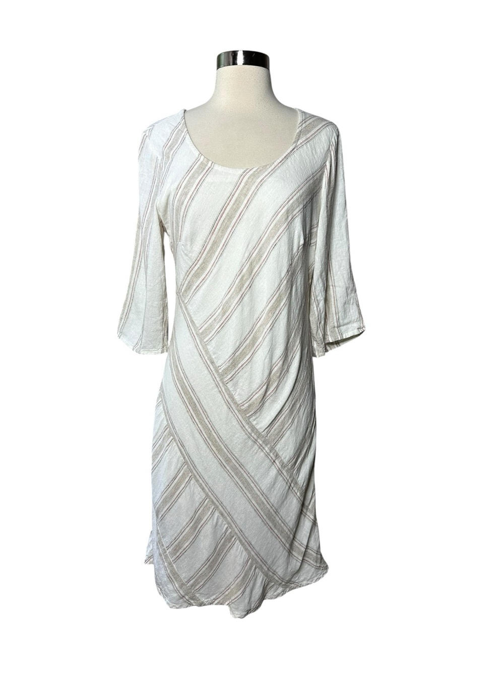 Soft Surroundings Linen Blend Striped A-Line Dress 3/4 Sleeve Small